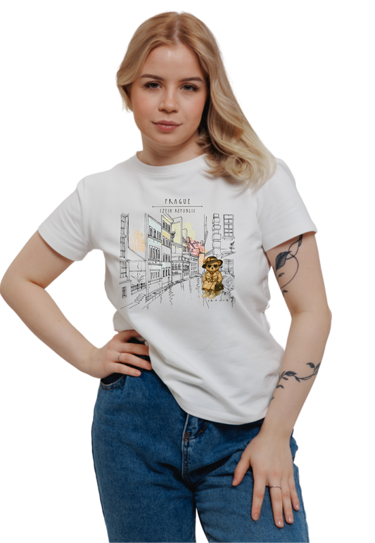 Stylish Prague T-shirt with Bear Illustration