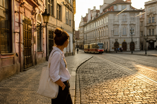 Cestovatelka v pražské ulici se stylovou plátěnou taškou