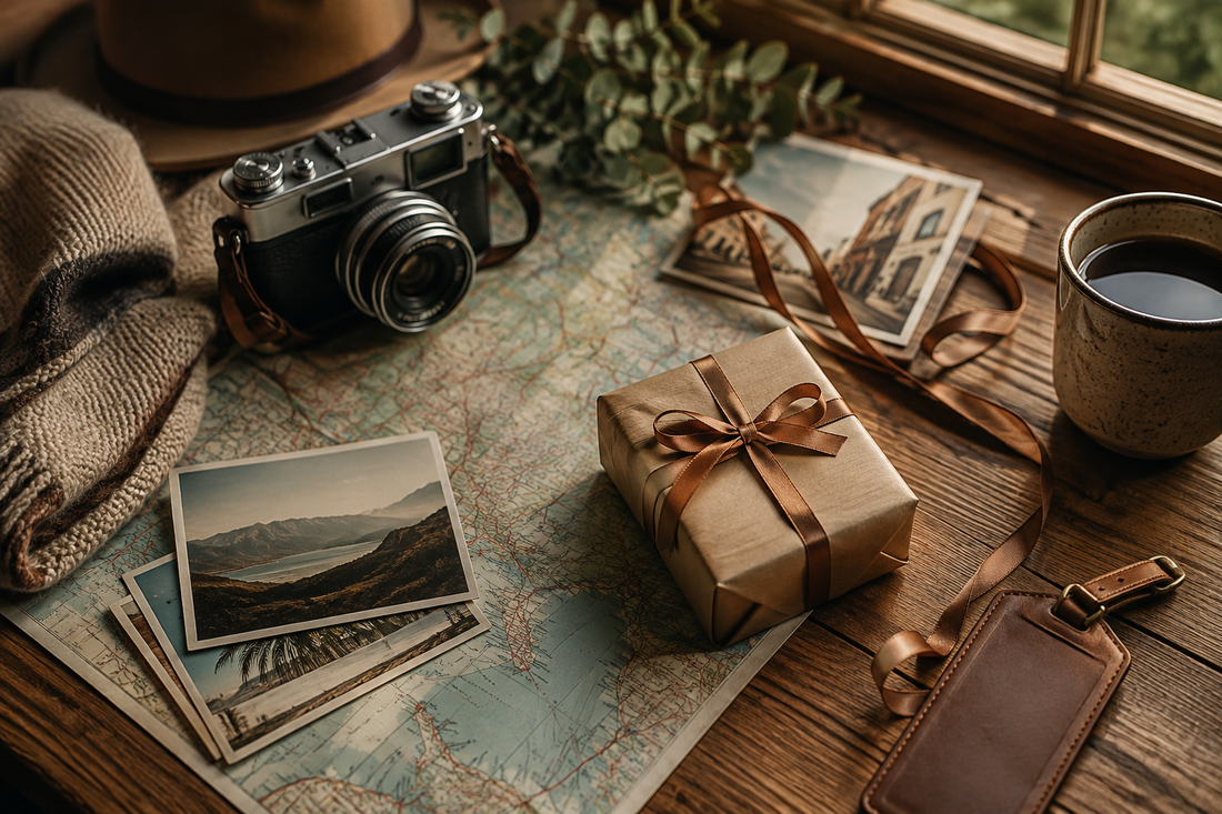 Dárkový balíček s mapou, fotoaparátem a cestovatelskými vzpomínkami