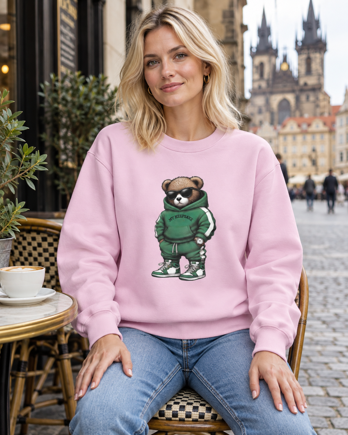 Žena v růžové mikině s medvídkem My Keepsake při posezení v pražské kavárně.
