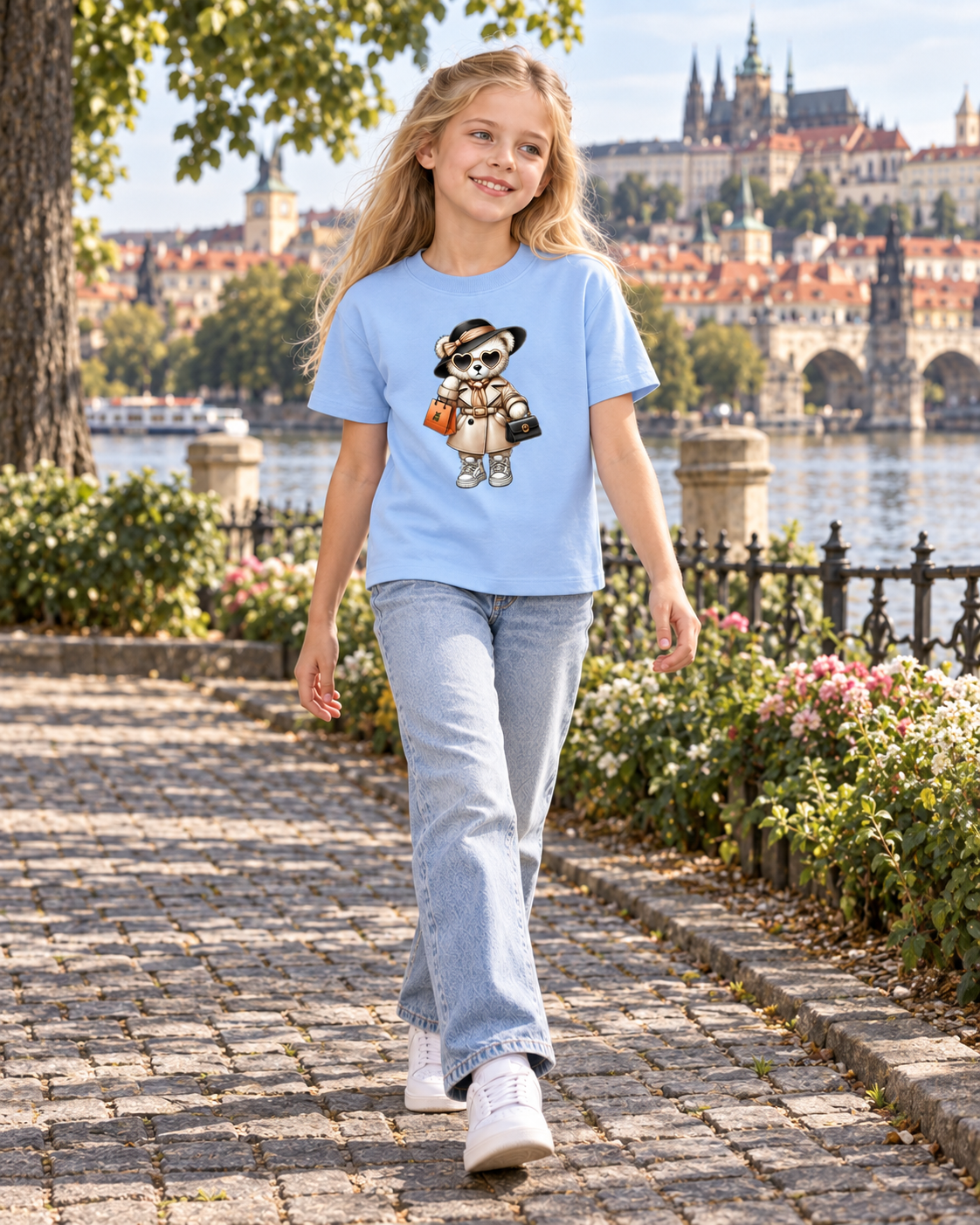Dívka ve světle modrém dětském tričku s medvídkem Miss Bear při procházce Prahou.