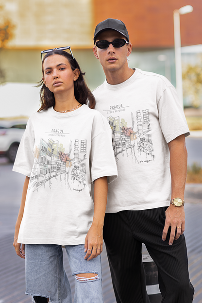Unisex T-shirt Prague Street Sketch – an artistic view of the streets of Prague