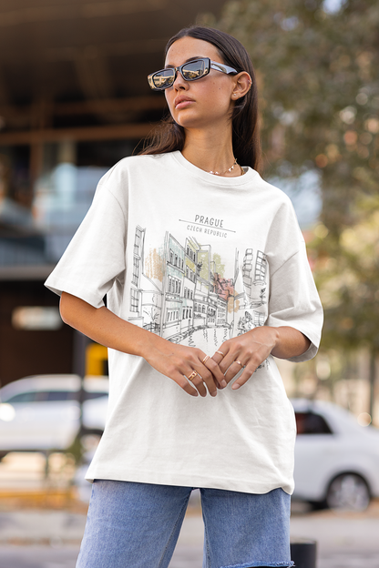 Unisex T-shirt Prague Street Sketch – an artistic view of the streets of Prague