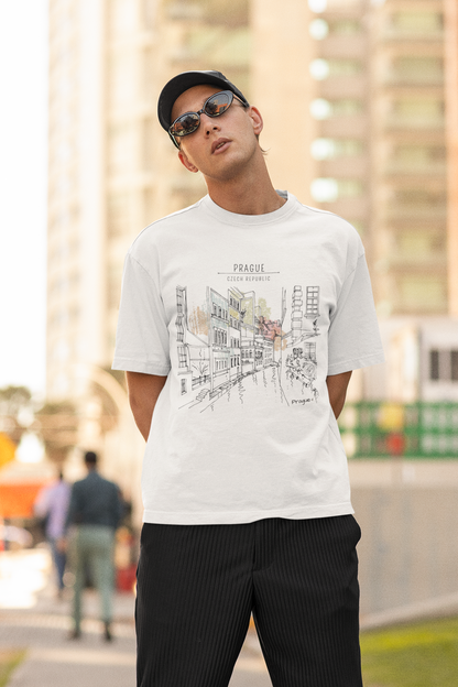 Unisex T-shirt Prague Street Sketch – an artistic view of the streets of Prague