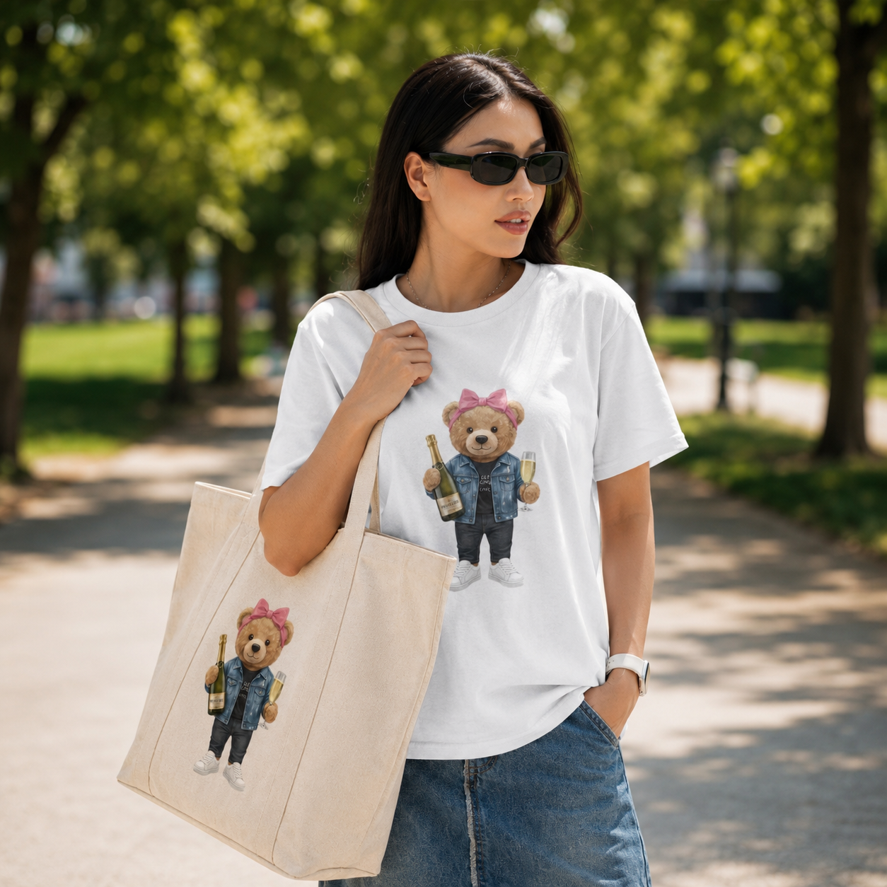 Set Prosecco Girl od My Keepsake – bílé bavlněné tričko a oversized plátěná taška s motivem medvídka s proseccem.