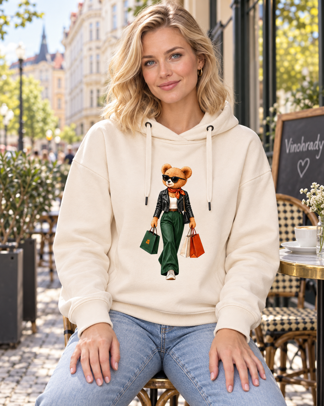 Žena v mandlové mikině Shopping Is My Cardio s medvídkem sedí na zahrádce pražské kavárny.