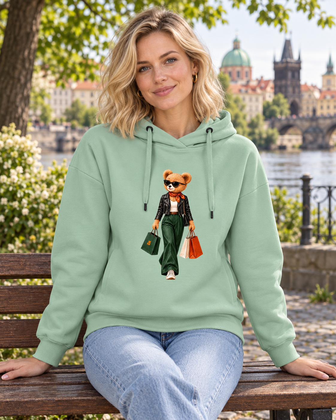 Žena v šalvějové mikině Shopping Is My Cardio s medvídkem sedí na lavičce s Karlovým mostem v pozadí.