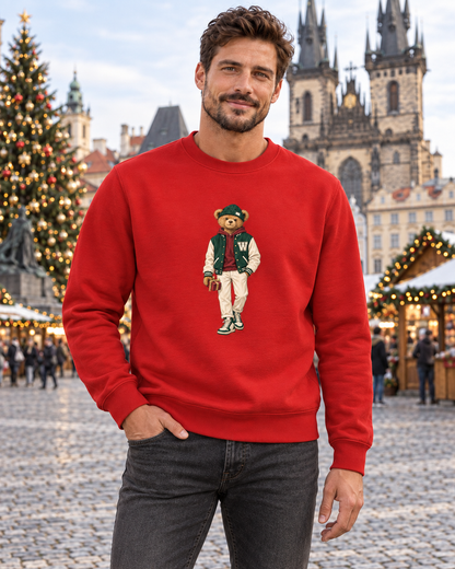 Man in a red Winter Club bear crewneck sweatshirt on Christmas-decorated Old Town Square in Prague.