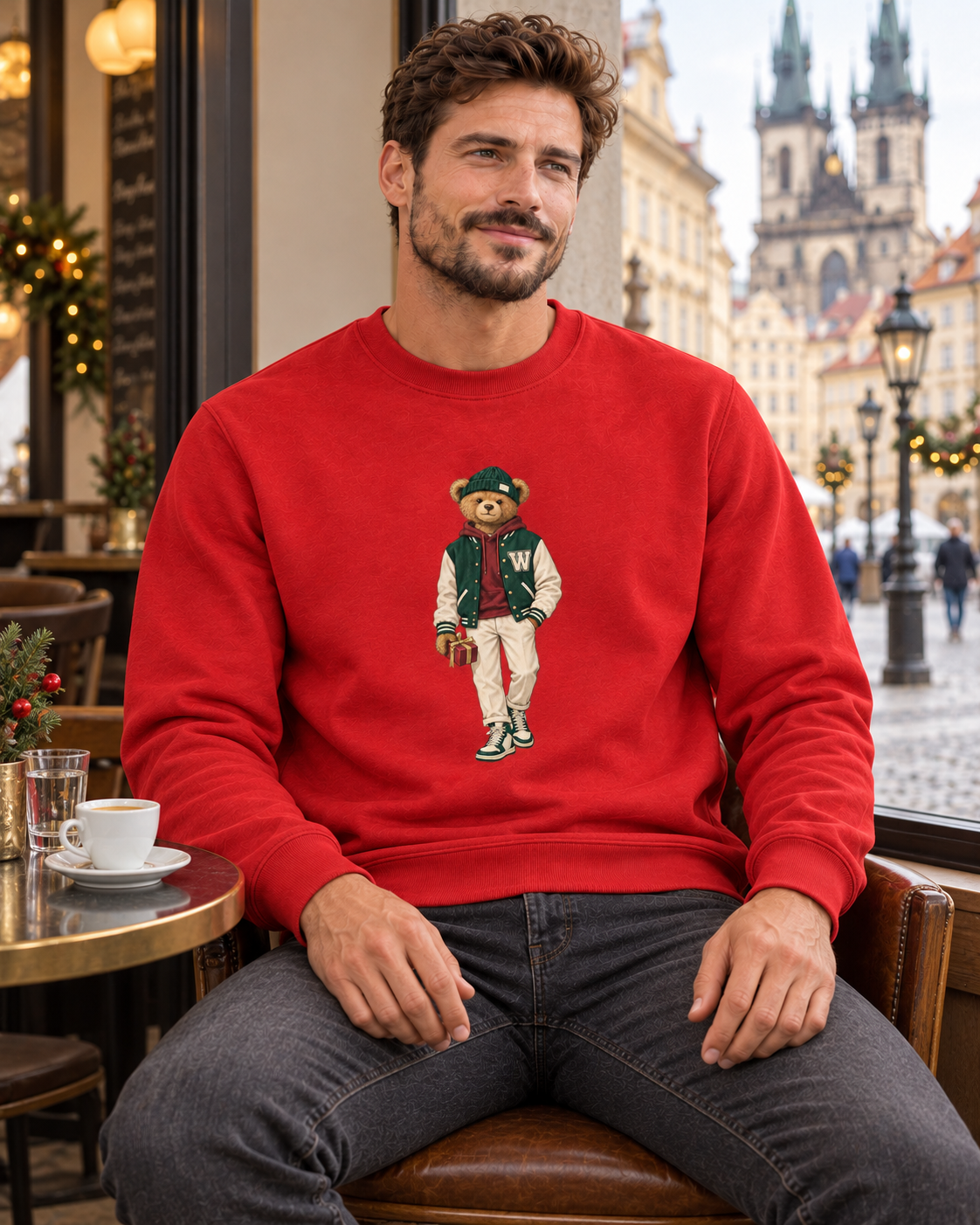 Man in a red Winter Club bear crewneck sweatshirt sitting by a café window in Prague.