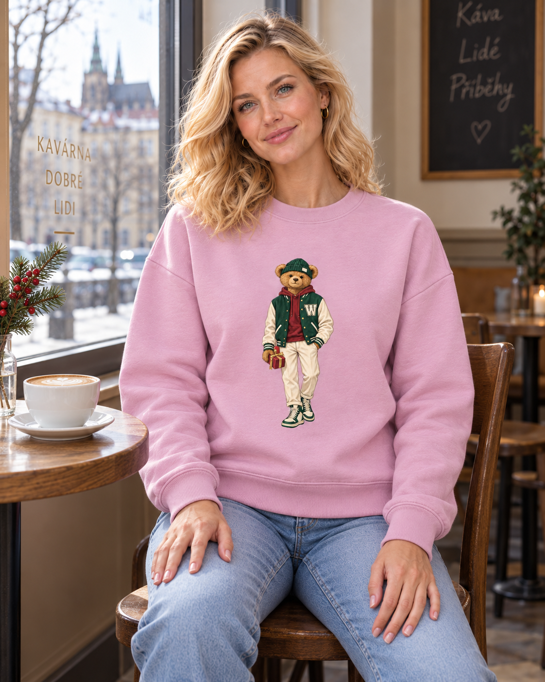 Blonde woman in a pink Winter Club bear crewneck sweatshirt sitting by a café window in Prague.