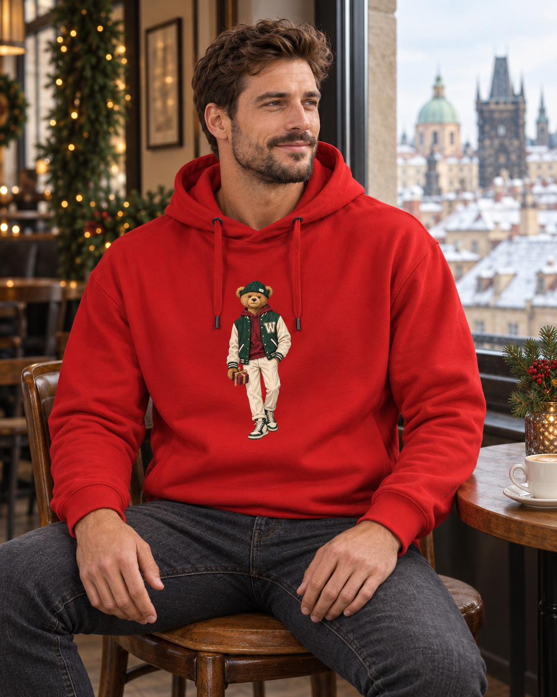 Man in a red Winter Club bear hoodie sitting by a café window overlooking winter Prague.